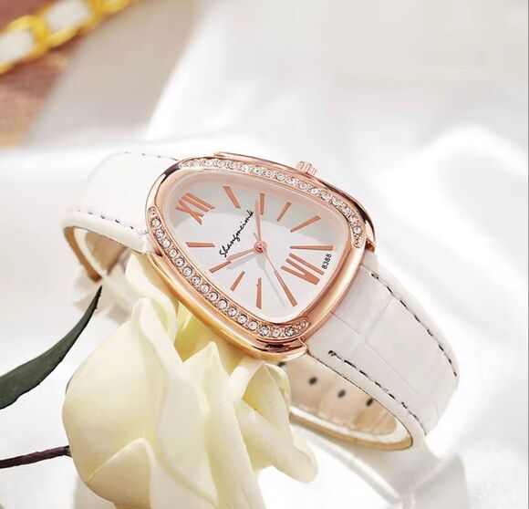 Womens White Vegan Leather Crystal Watch Rose Gold Tone Elegant Dress Watch